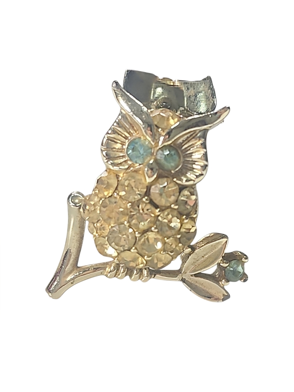 VTG Lisner Owl Brooch Pin Gold Tone Yellow Rhinestones Aqua Blue Eyes